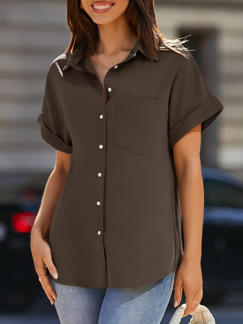 Beautife Womens Short Sleeve Shirts V Neck Collared Button Down Shirt Tops with Pockets (Medium, Coffee) - Image 2